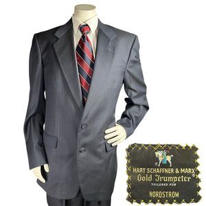 Hart Schaffner Marx Gold Trumpeter Navy Wool Stripe Suit Jacket 42XL Pants 36x36